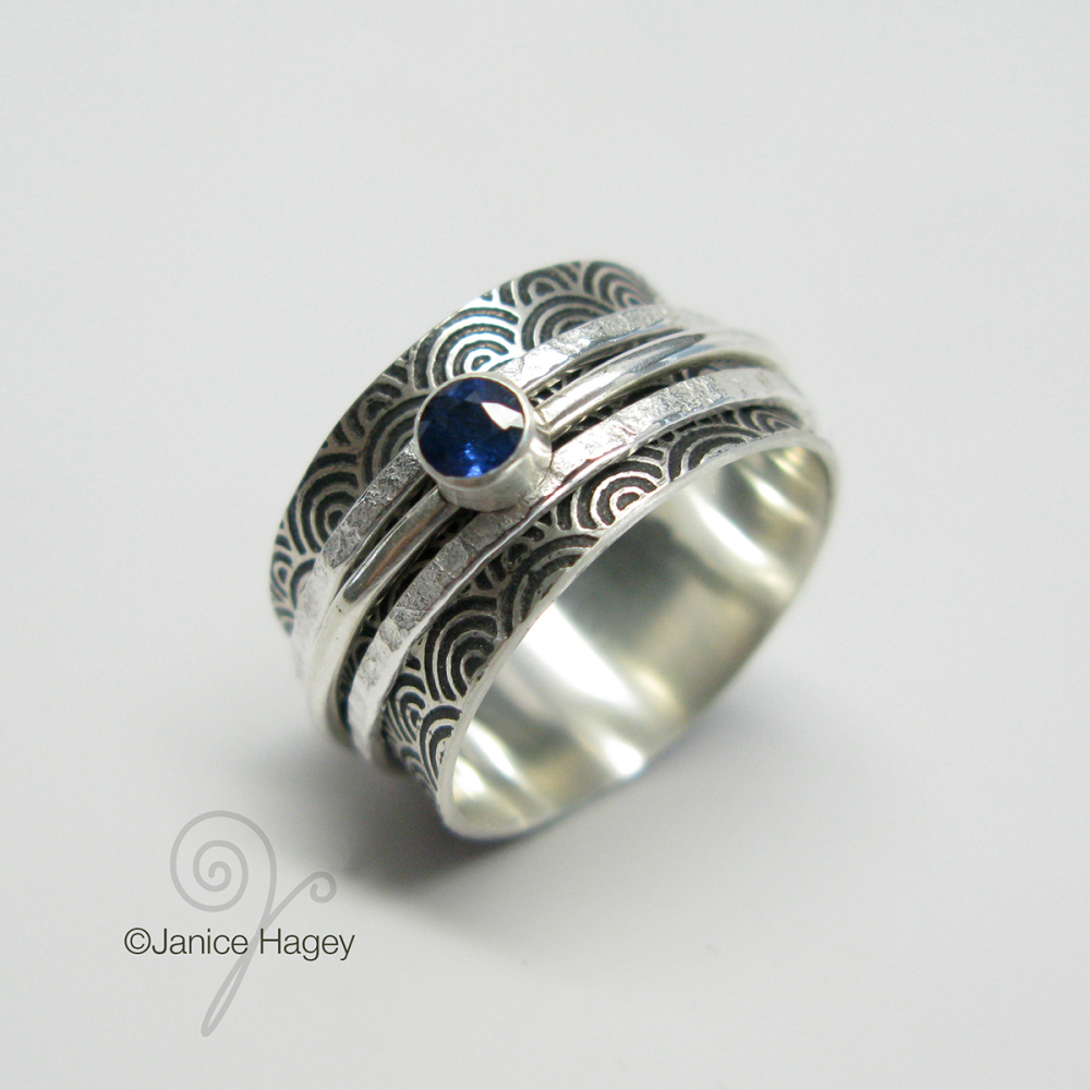 Water Pattern Spinner Ring with Stone and Two Hammered Sterling ...