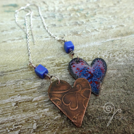 Purple Speckled Enamel Hearts Threaded Earrings