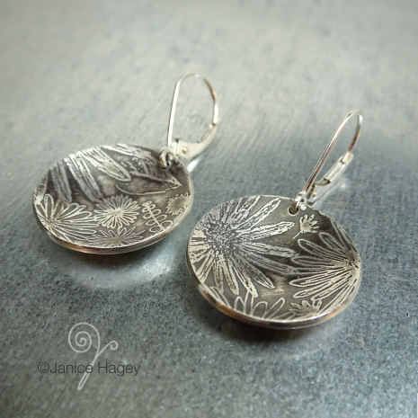 Asters Pattern Recycled Sterling Silver Disc Earrings
