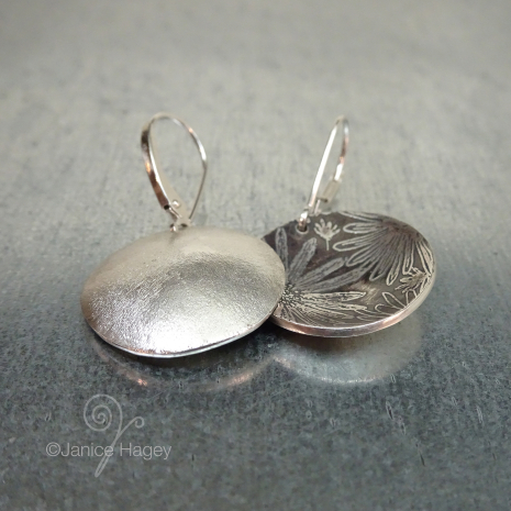Asters Pattern Recycled Sterling Silver Disc Earrings showing backs