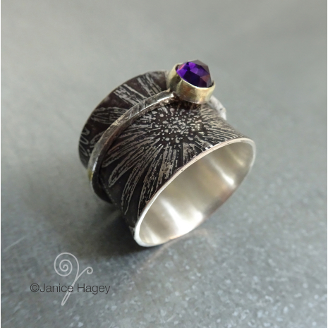 Asters and Amethysts Spinner Ring with 6mm Rose Cut Amethyst