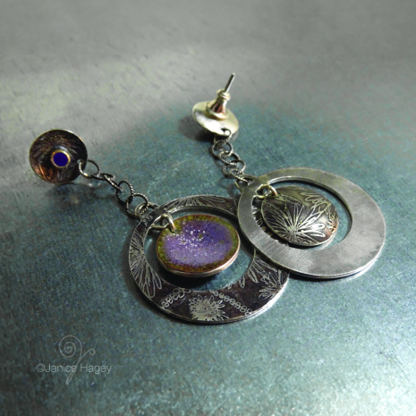 Asters and Amethysts Enamel Circle Drop Earrings