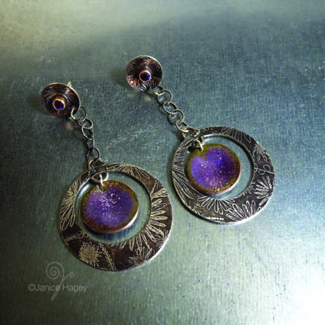 Asters and Amethysts Enamel Circle Drop Earrings