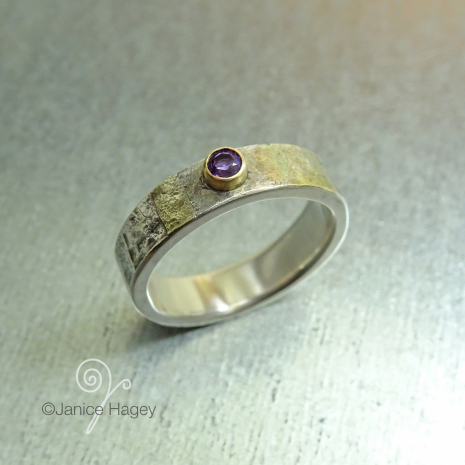 Hammered and Fused Ring with 3 mm Amethyst in 14k gold setting