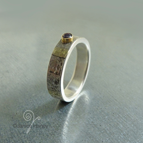 Hammered and Fused Ring with 3 mm Amethyst in 14k gold setting