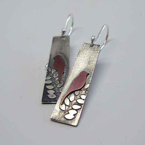Birds in a Tree Recycled Sterling Earrings with Copper Birds