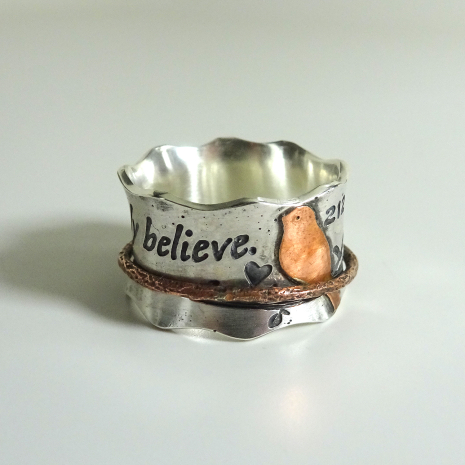 Custom Quote Birds on a Branch Ring with Copper Bird