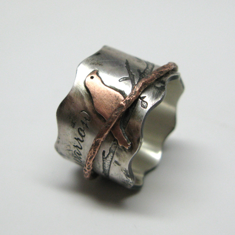 Custom Birds on a Branch Spinner Ring with Copper Bird and Branch