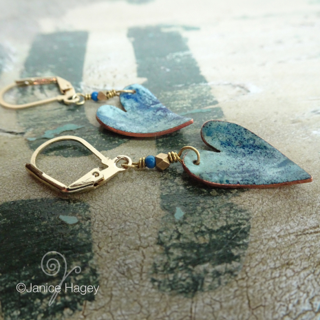 Blue Batik Enamel Heart Earrings fronts