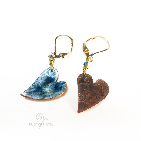 Blue Batik Enamel Heart Earrings back
