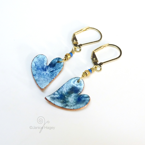 Blue Batik Enamel Heart Earrings Lotsa Hearts pattern
