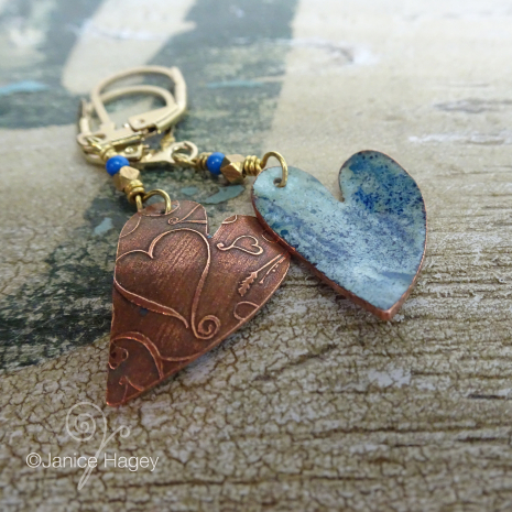 Blue Batik Enamel Heart Earrings Lotsa Hearts pattern