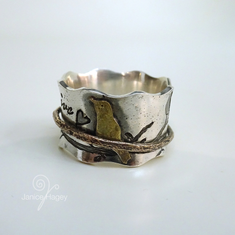 Custom Quote Birds on a Branch Ring with Brass Bird and Branch Spinner Ring