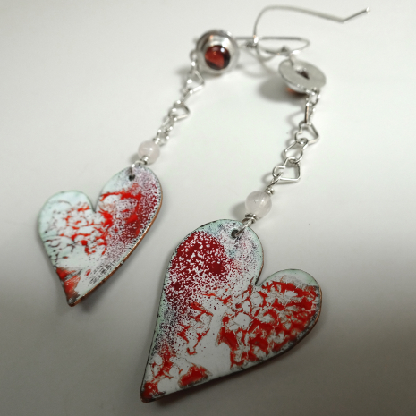 Enamel Heart Earrings with Almandine Garnets by Janice Art Jewelry