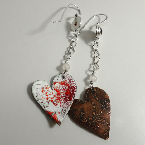 Enamel Heart Earrings with Almandine Garnets with etched back