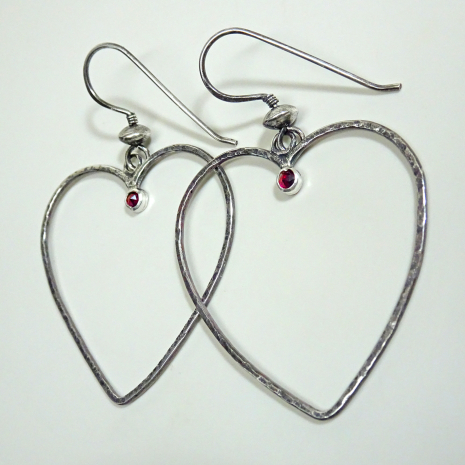 Forged Heart Earrings with lab grown Rubies