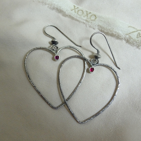 Forged Heart Earrings with lab grown Rubies