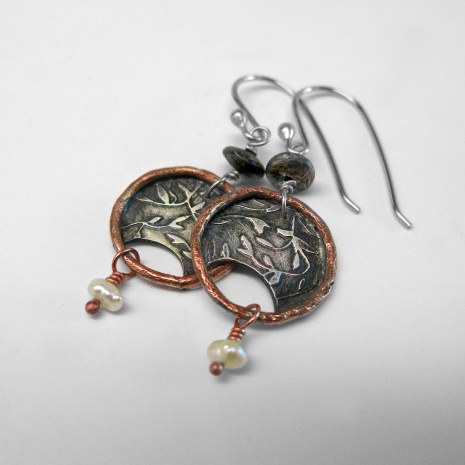 Leaf Pattern Circle Drop Silver/Copper Combo Earrings