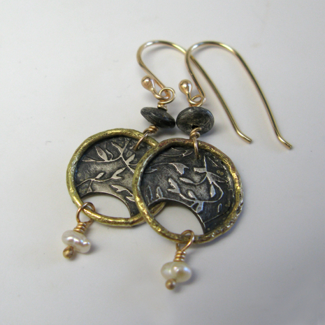 Leaf Pattern Circle Drop Silver/Gold Combo Earrings