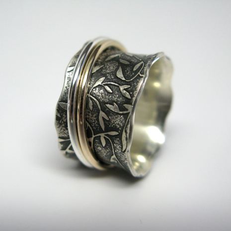 Recycled Sterling and Gold Leaf Pattern Spinner Ring