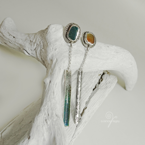 Paisley White and Blue Ombre Enamel Earrings with Blue and Brown Sea Glass