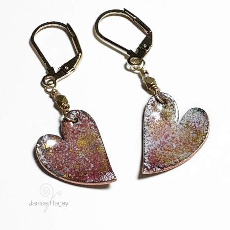 Pink and Gold Enamel Heart Earrings