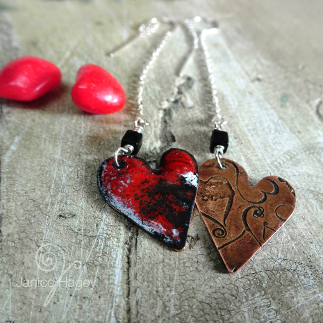 Red, Black and White Splashed Enamel Hearts Threaded Earrings