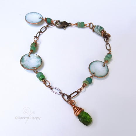 White and Green Enamel and Copper Bracelet with Green Tourmaline