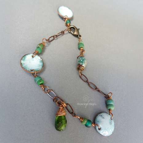 White and Green Enamel Copper Bracelet with Green Tourmaline