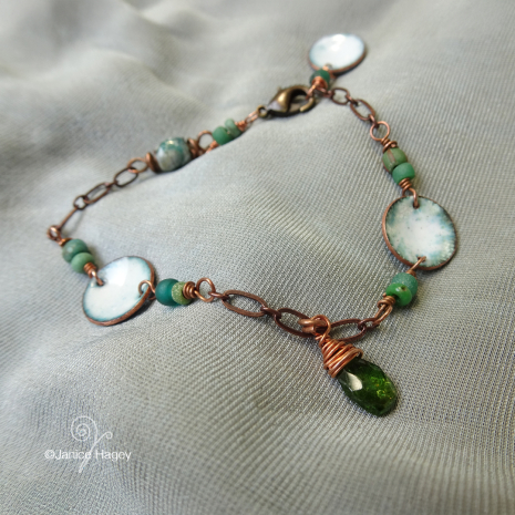 White and Green Enamel Copper Bracelet with Green Tourmaline