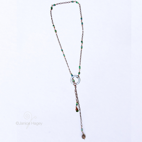 White and Green Enamel Copper Lariat Necklace with Green Tourmaline