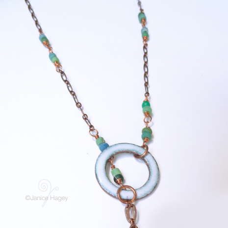 White and Green Enamel Copper Lariat Necklace with Green Tourmaline Close up