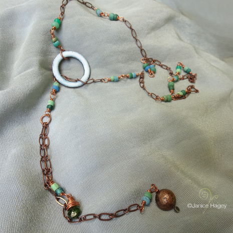 White and Green Enamel Copper Lariat Necklace with Green Tourmaline Close up