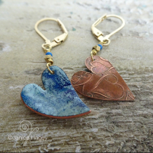 Blue Batik Enamel Heart Earrings Lotsa Hearts pattern