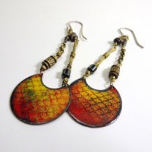 Red and Yellow Snake Skin Enamel Earring Drops