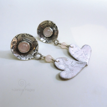 Rose Quartz Enamel Heart Earrings Close Up