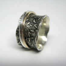 Leaf Pattern Spinner Ring Recycled Sterling and Gold Leaf Pattern Spinner Ring