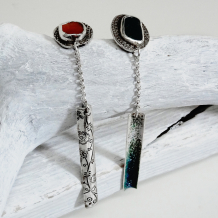 Paisley White and Blue Ombre Enamel Earrings with Blue and Brown Sea Glass