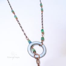 White and Green Enamel Copper Lariat Necklace with Green Tourmaline Close up
