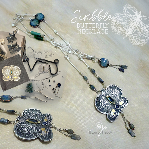 Collage of Scribble Butterfly Necklace by Janice Hagey